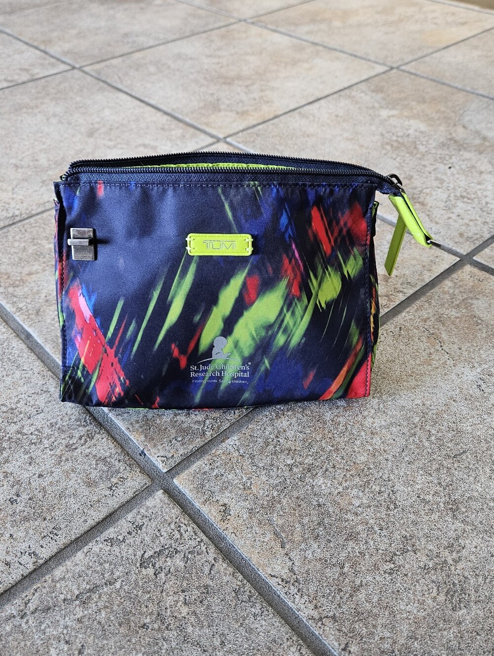 Tumi Womens Black Travel Toiletry Pouch with Neon Green & Red Accents